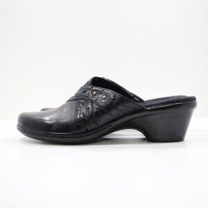 Clarks Bendables Black Leather 2" Block Heel Lightweight Mules - 10